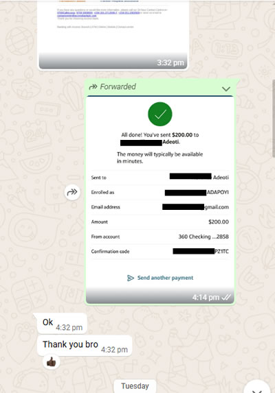 Chat screenshot showing transaction confirmation