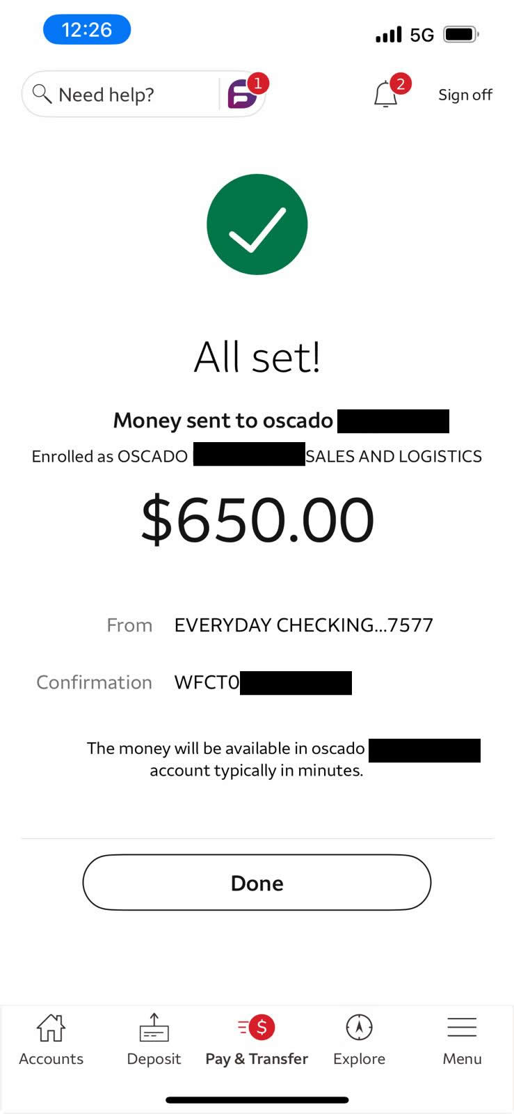 Redacted transaction receipt showing $500 to ₦435,000 exchange