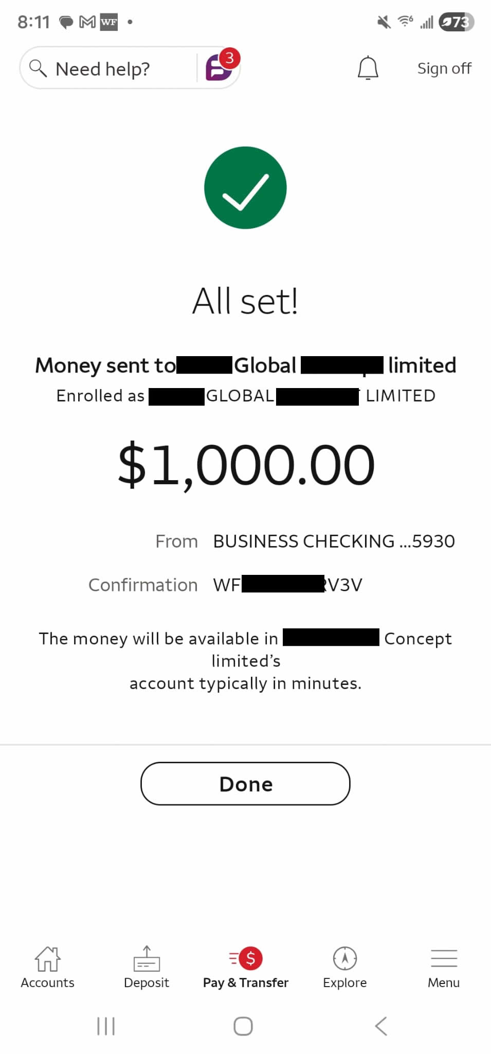 Redacted transaction receipt showing $1,200 to ₦1,044,000 exchange