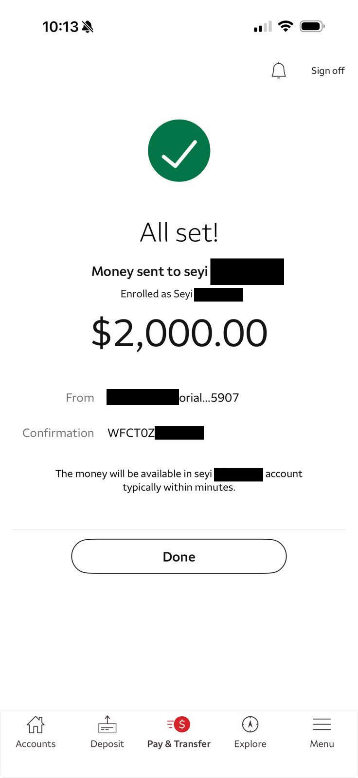 Redacted transaction receipt showing $750 to ₦652,500 exchange