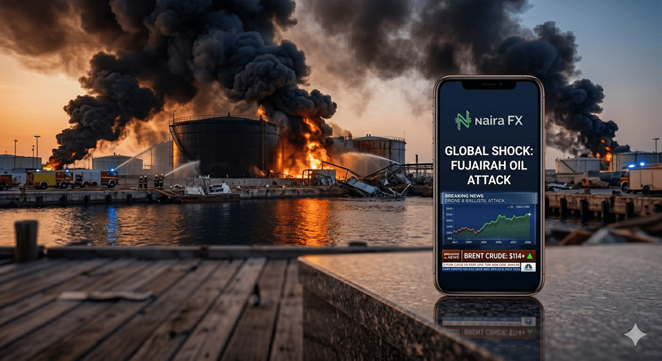 Fujairah oil tanks and industrial zone at twilight, symbolizing energy hub attack