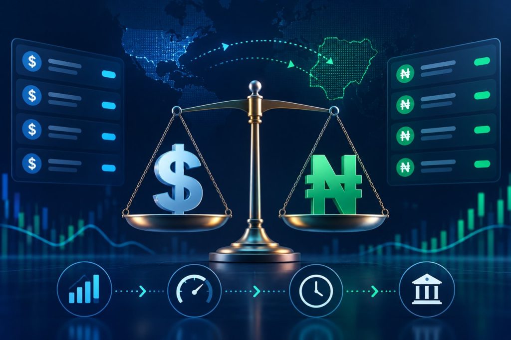 Illustration comparing US dollar and Nigerian naira marketplace rates, timing and settlement routes.