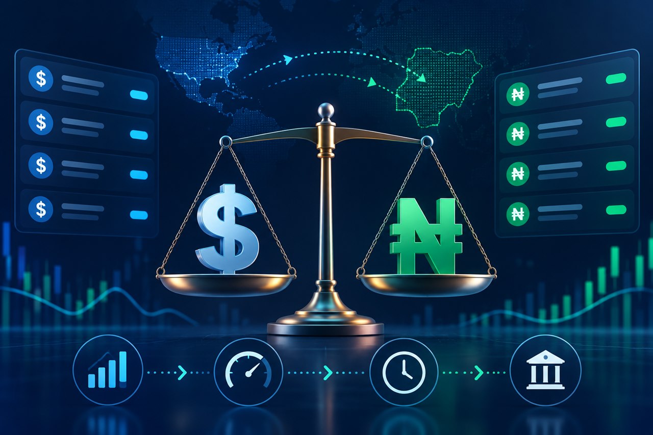 Illustration comparing US dollar and Nigerian naira marketplace rates, timing and settlement routes.