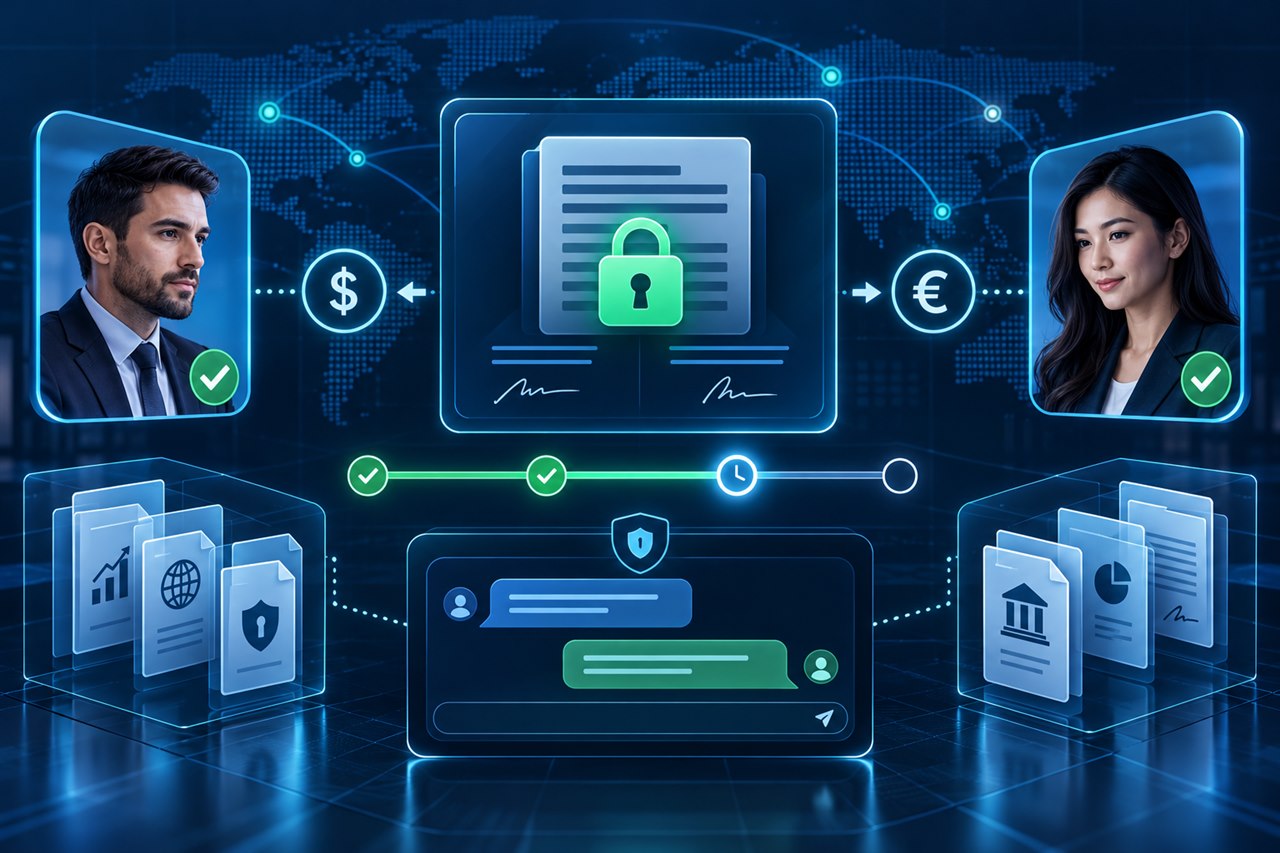 Diagram of two verified participants using locked terms, staged settlement and protected documents in a Trade Room.
