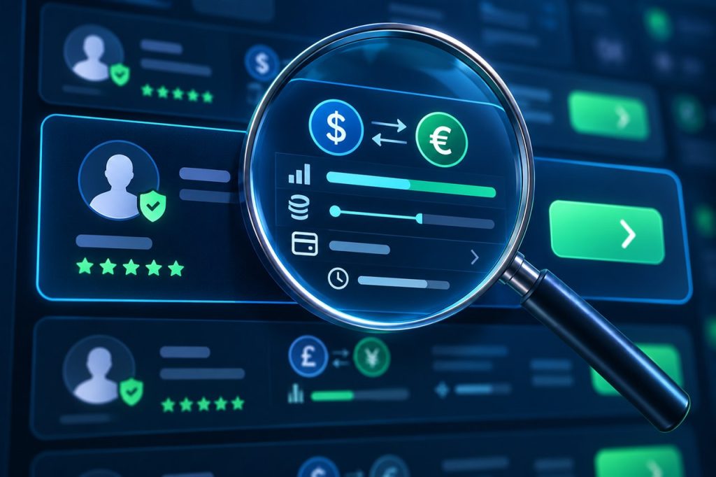 Magnifying glass inspecting a marketplace listing’s rate, limits, route and verified member information.