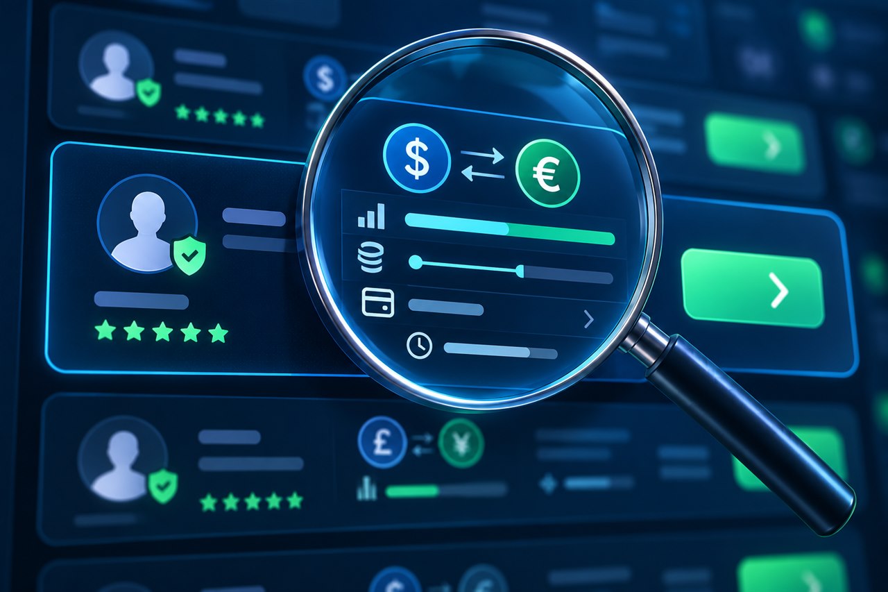 Magnifying glass inspecting a marketplace listing’s rate, limits, route and verified member information.