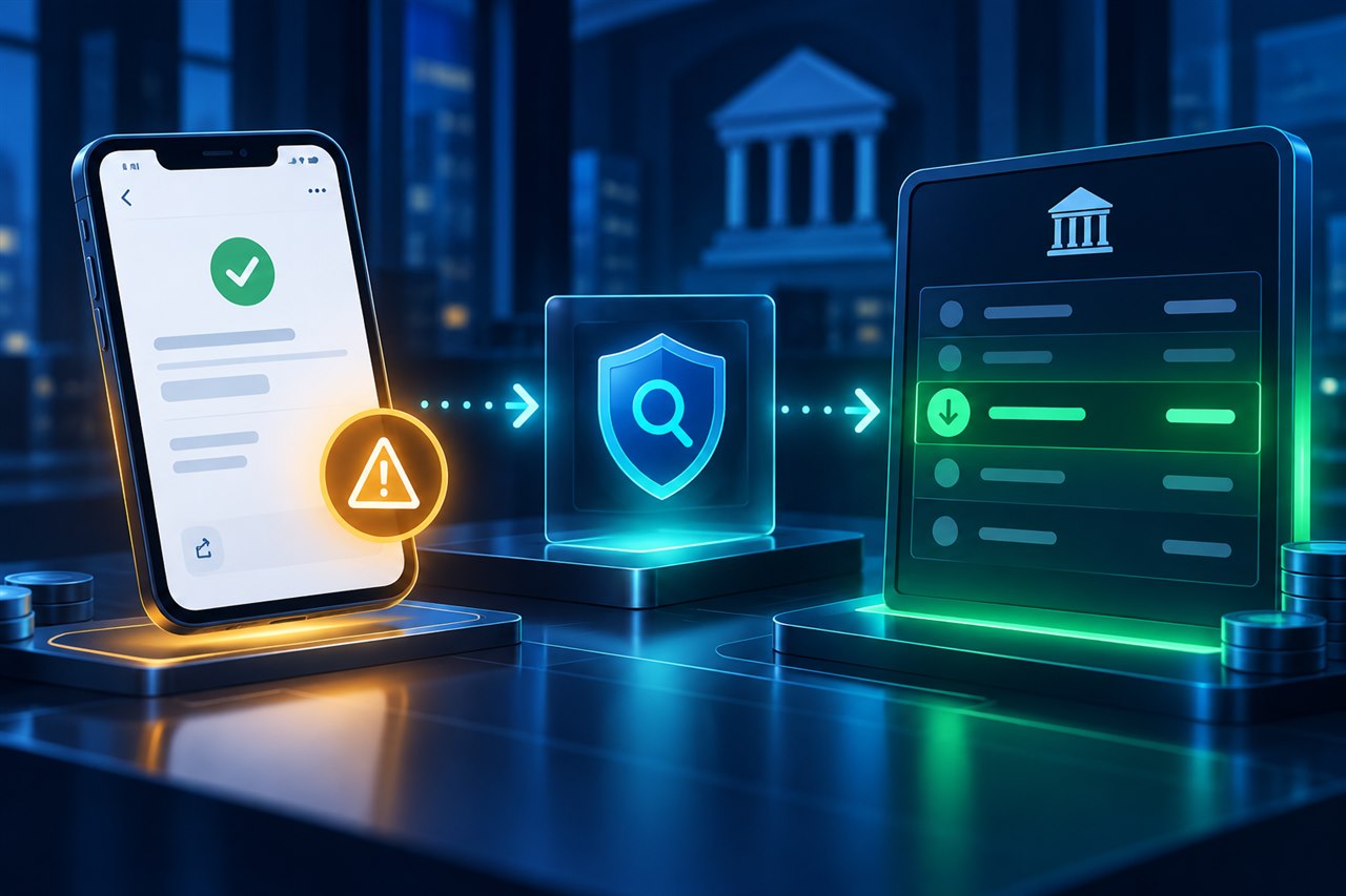 Illustration comparing an unverified payment screenshot with a confirmed bank-ledger credit.