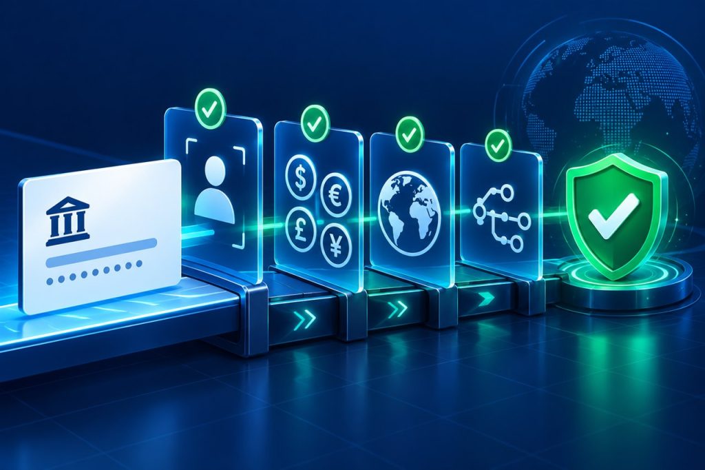 Account verification pathway checking ownership, currency, country and payment-route compatibility.