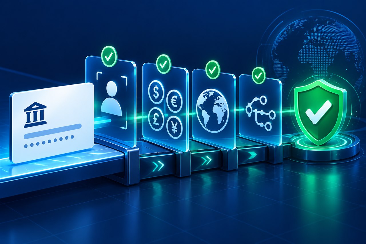Account verification pathway checking ownership, currency, country and payment-route compatibility.