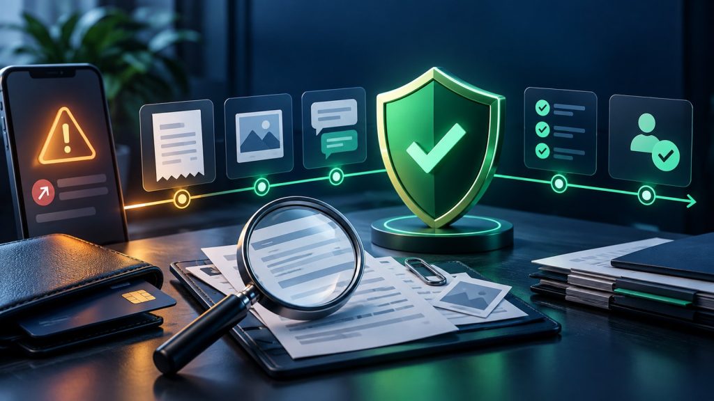Protected trade-dispute review examining receipts, messages and transaction evidence.
